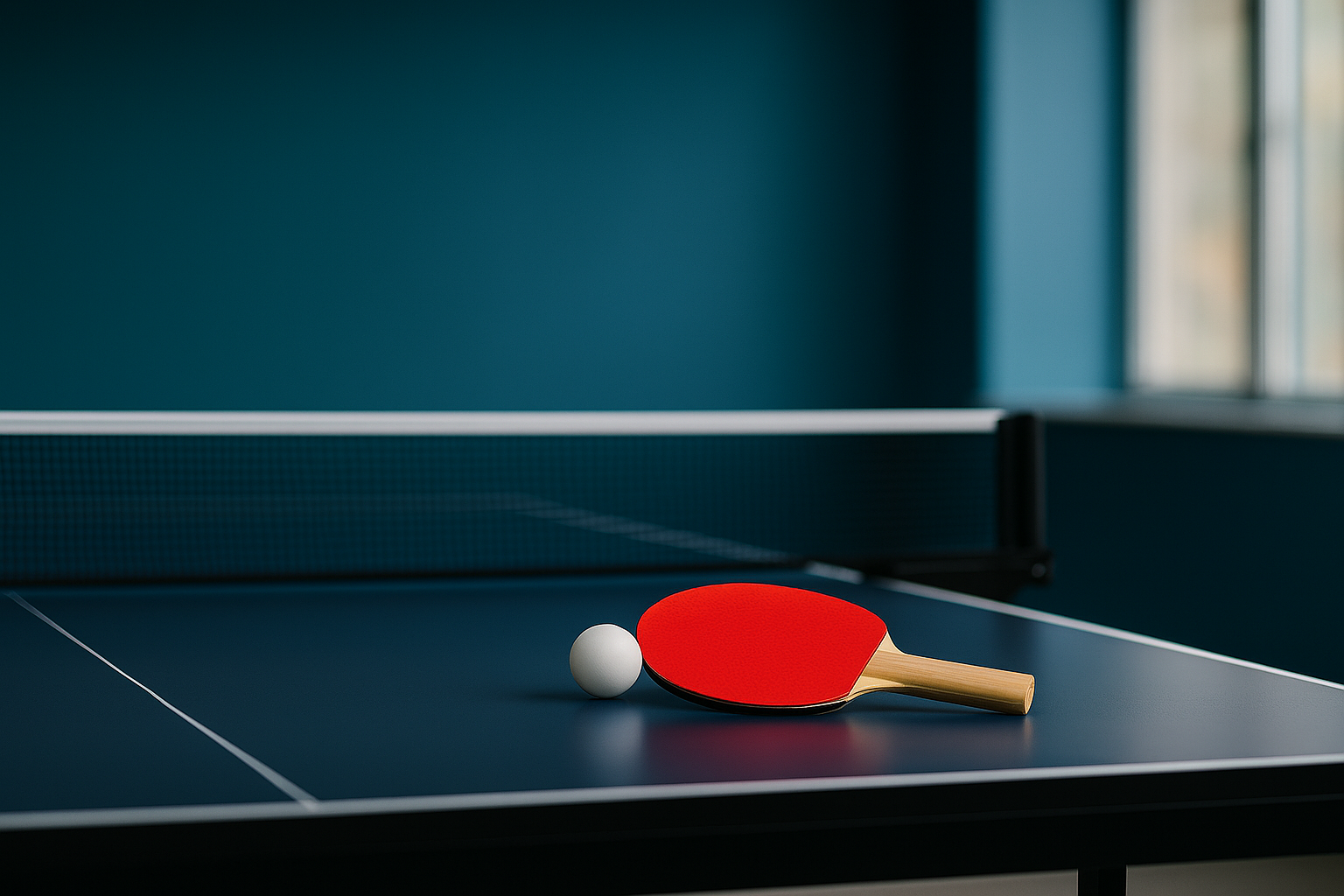 blaue tischtennisplatte mit schläger und ball